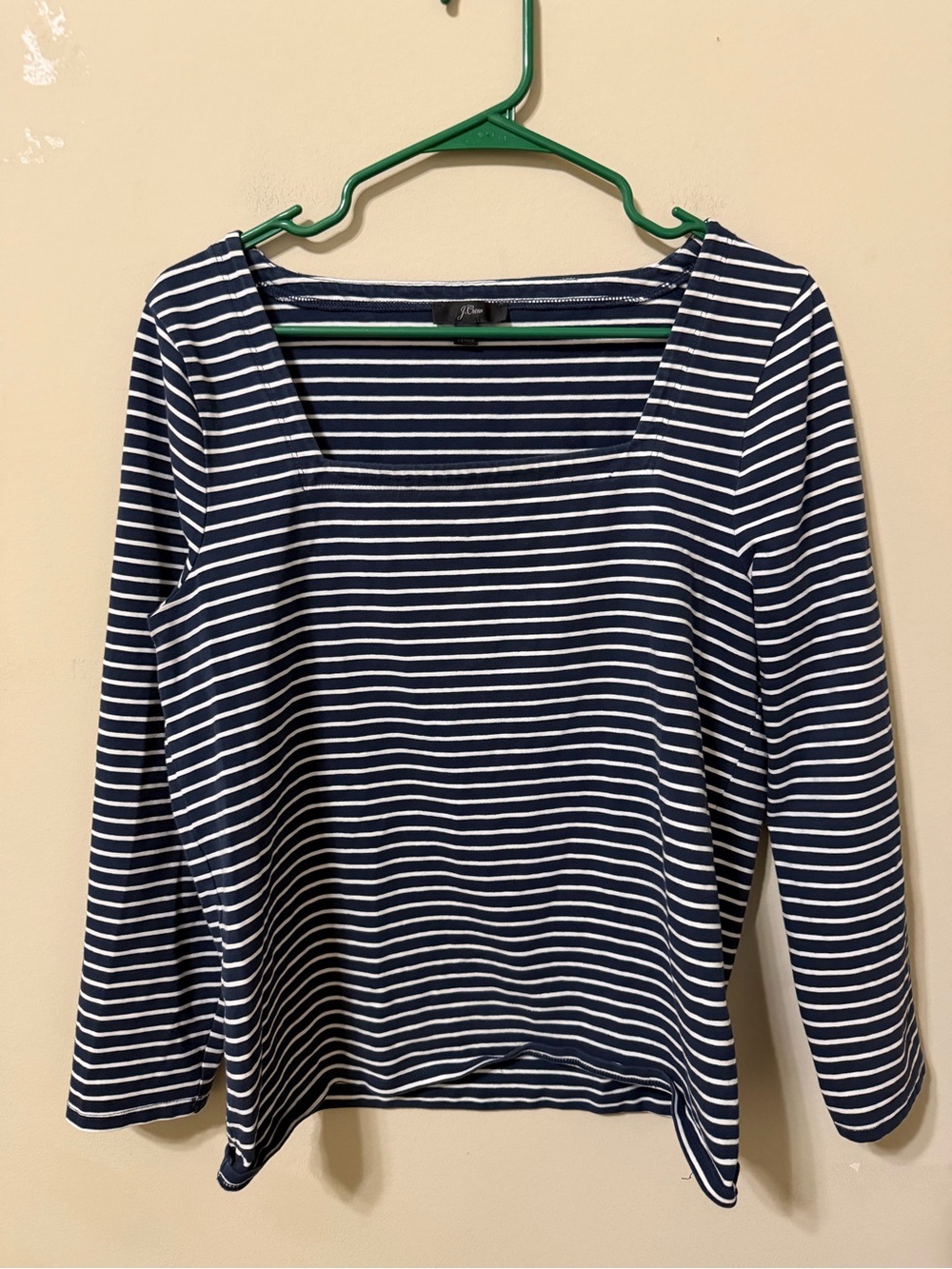 J. Crew Striped large  Navy White Square Neck Top cotton heavy weave euc
